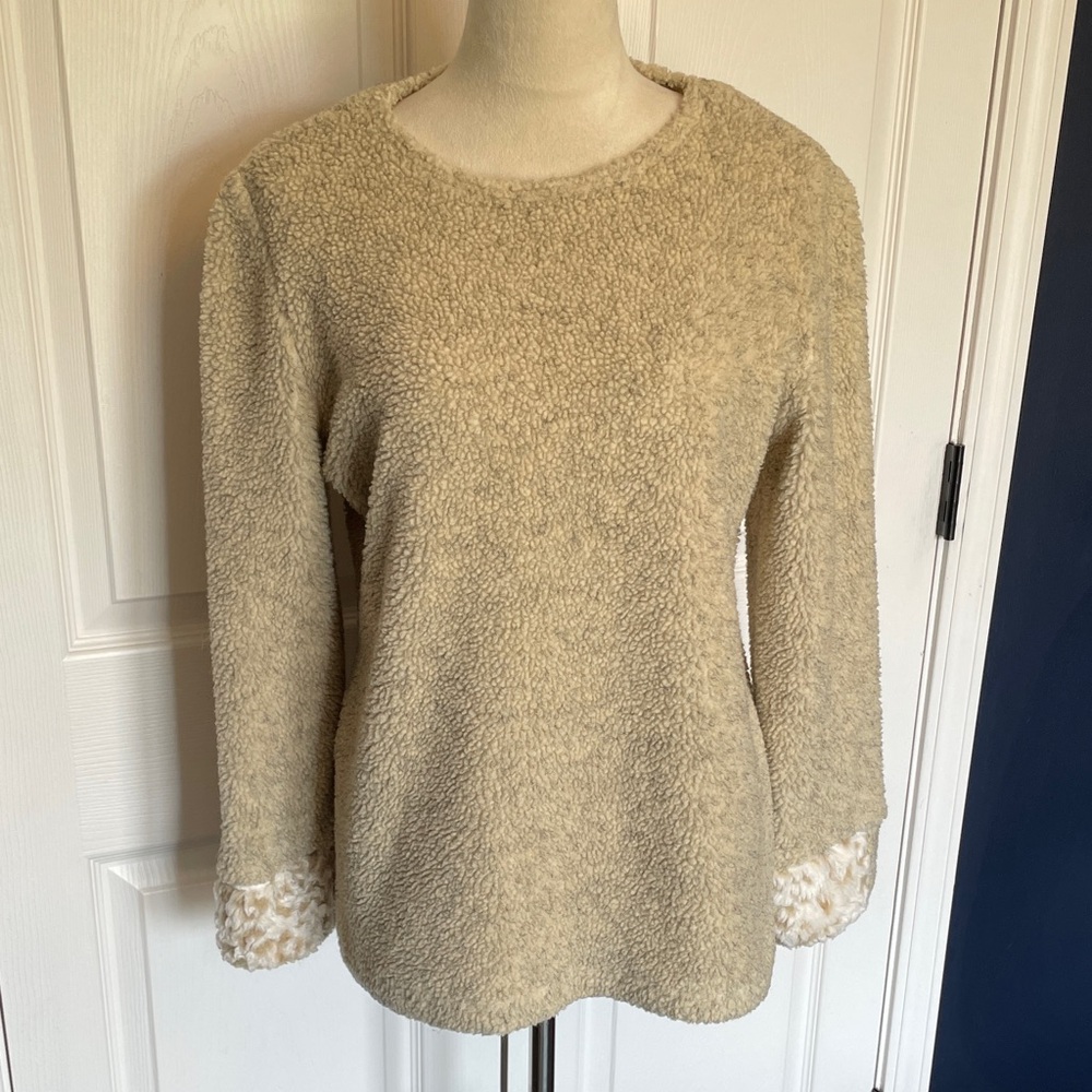 Joseph‎ Ribkoff Cream Sherpa Crewneck Sweater Faux Fur Cuffs Size XL